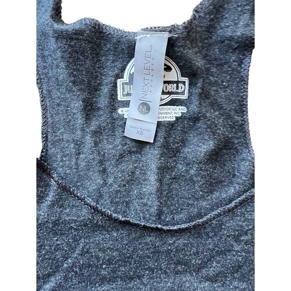 JURASSIC PARK Heather Black dinosaur Racerback raw stitching tank top sz XS - Picture 3 of 7
